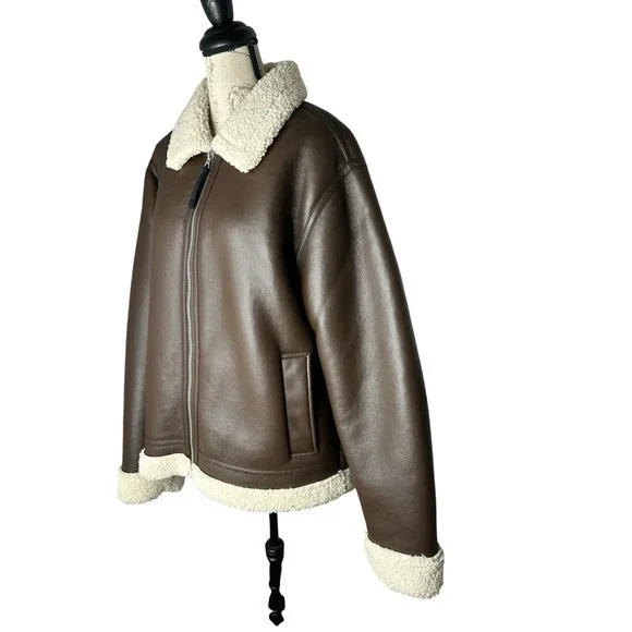 Hudson Jeans Faux Brown Shearling-Collar Bomber Jacket XL. NWT $238.00 - Picture 2 of 9